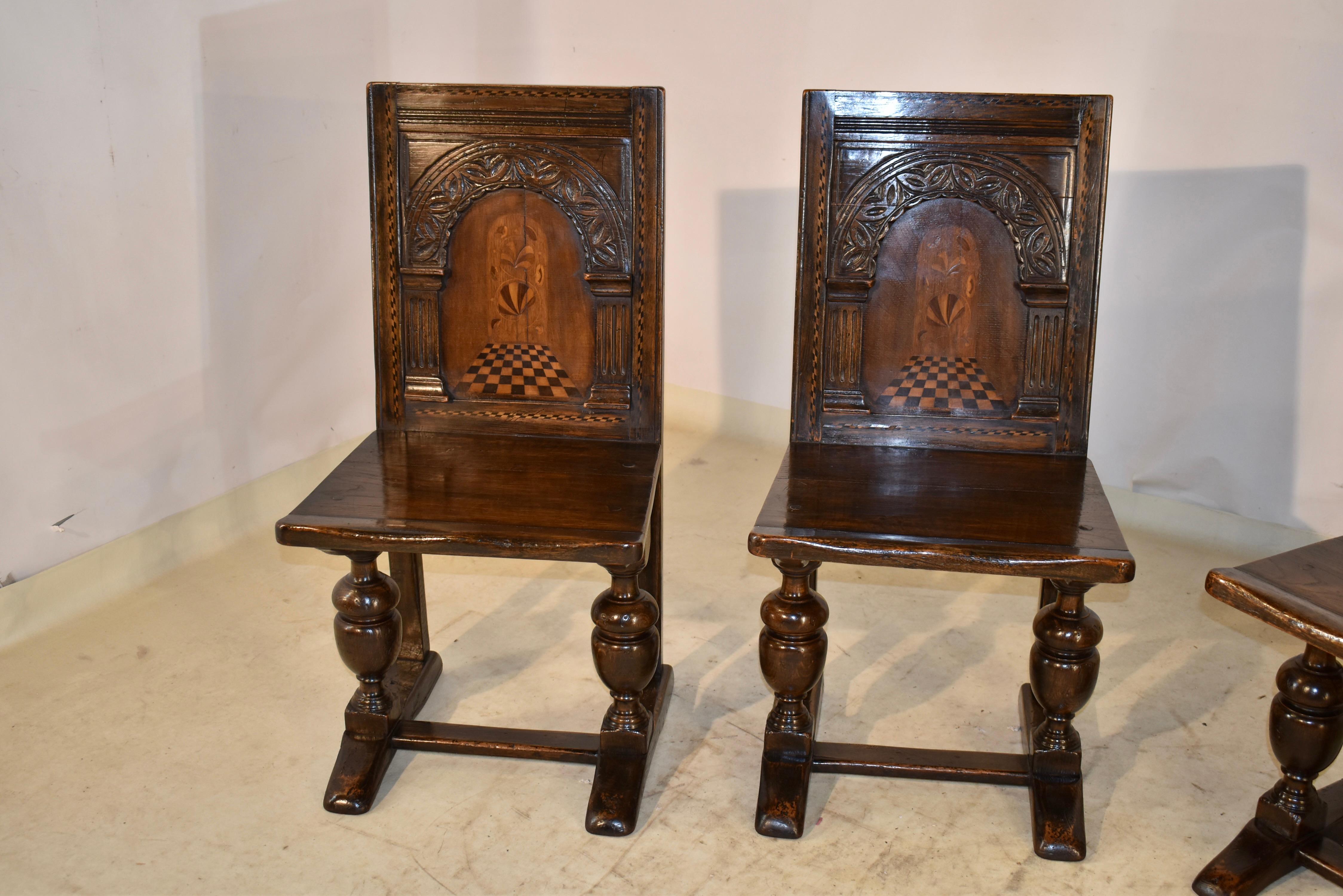 19th Century Set of 4 English Oak Parquetry Chairs For Sale 2