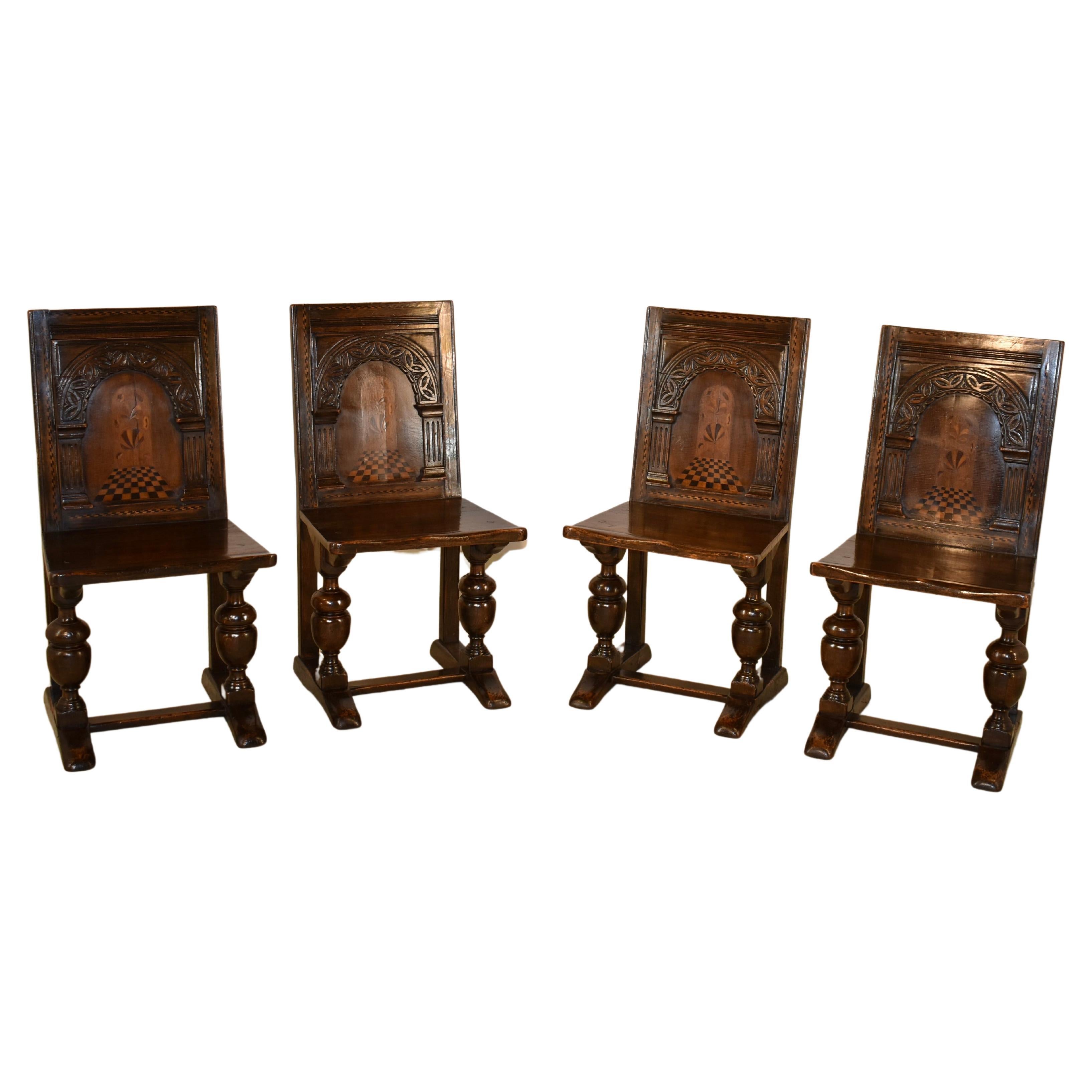 19th Century Set of 4 English Oak Parquetry Chairs
