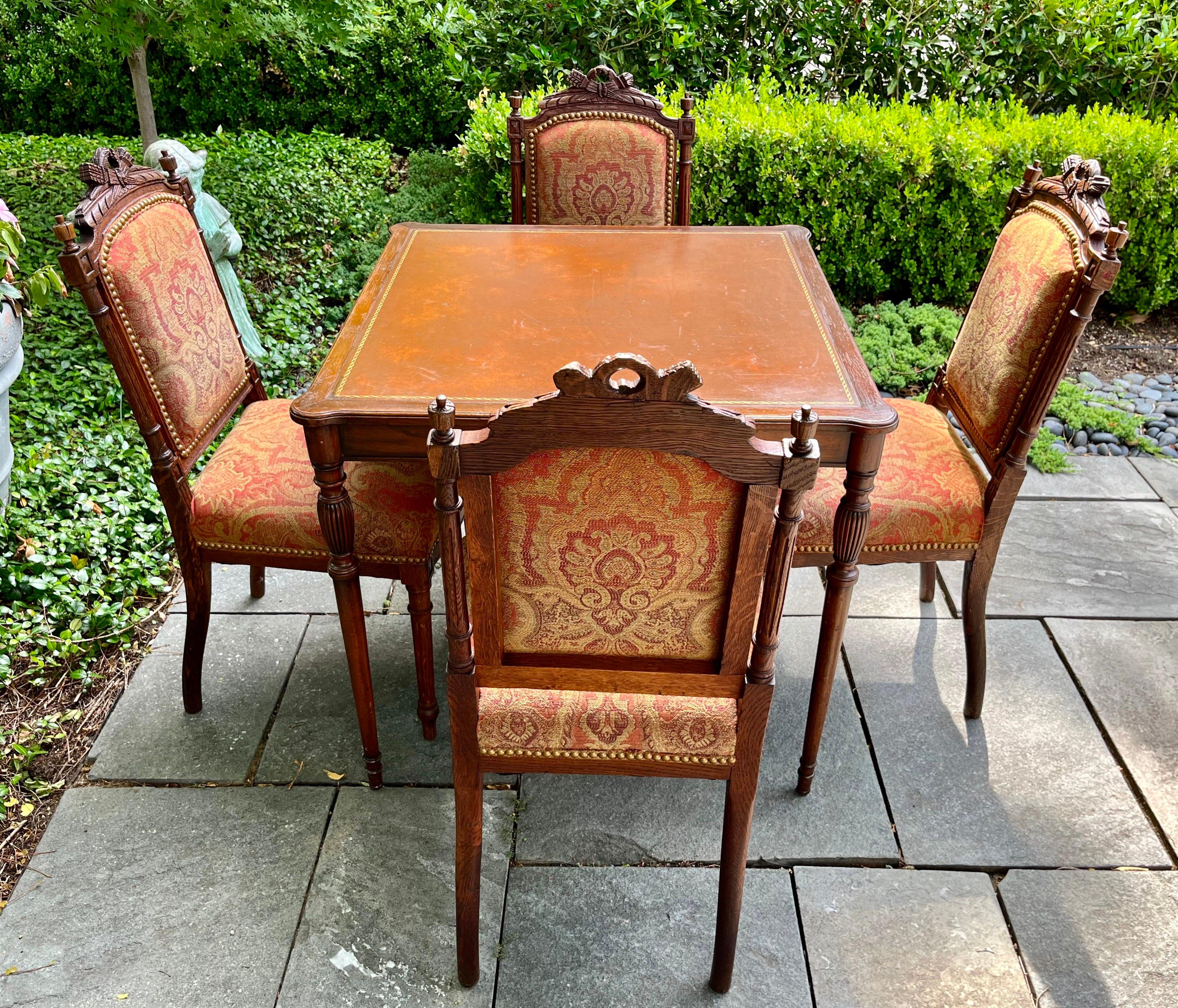 Patinated 19th Century Set of 4 French Louis XVI Carved Walnut Chairs and Game Table