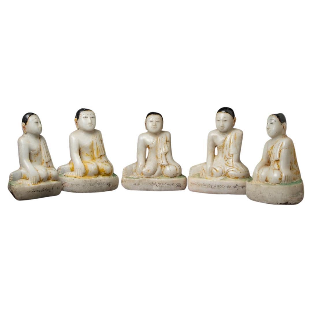 19ème siècle Ensemble de 5 statues anciennes de moines birmans de Birmanie