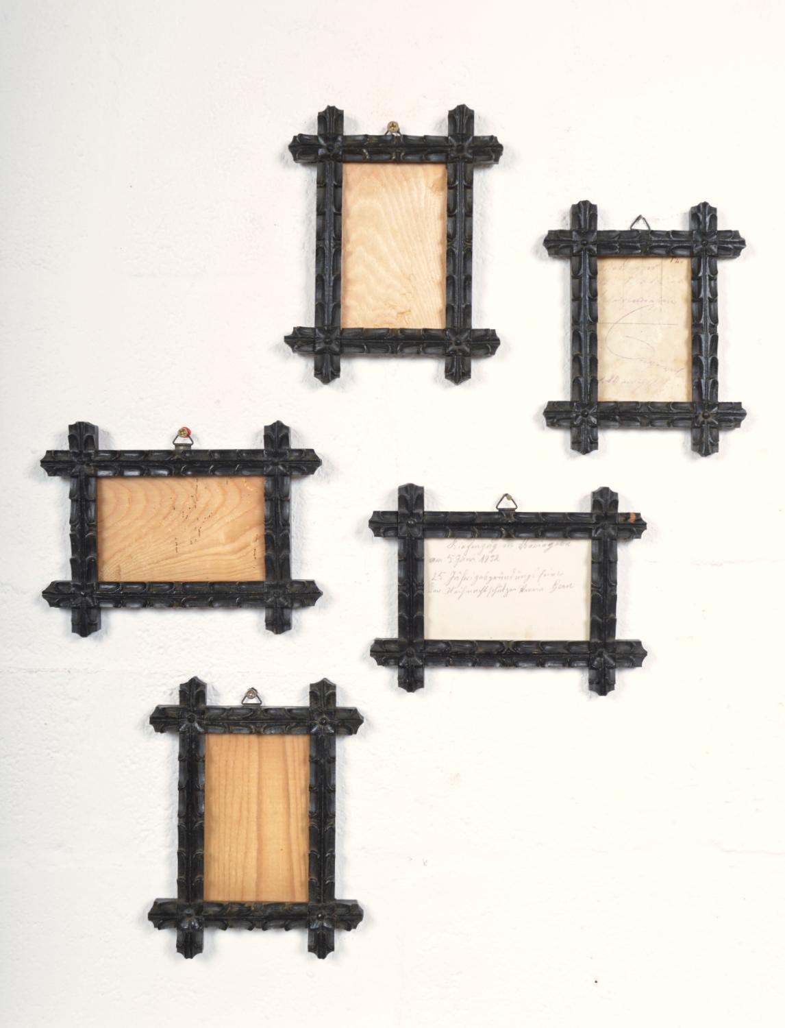 Hand-Crafted 19th Century Set of 5 Bavarian Black Forest Ebonised Picture Frames Folk Art  For Sale