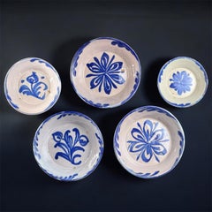 19th Century, Set of 5 Fajalauza Granada Blue & White Lebrillos