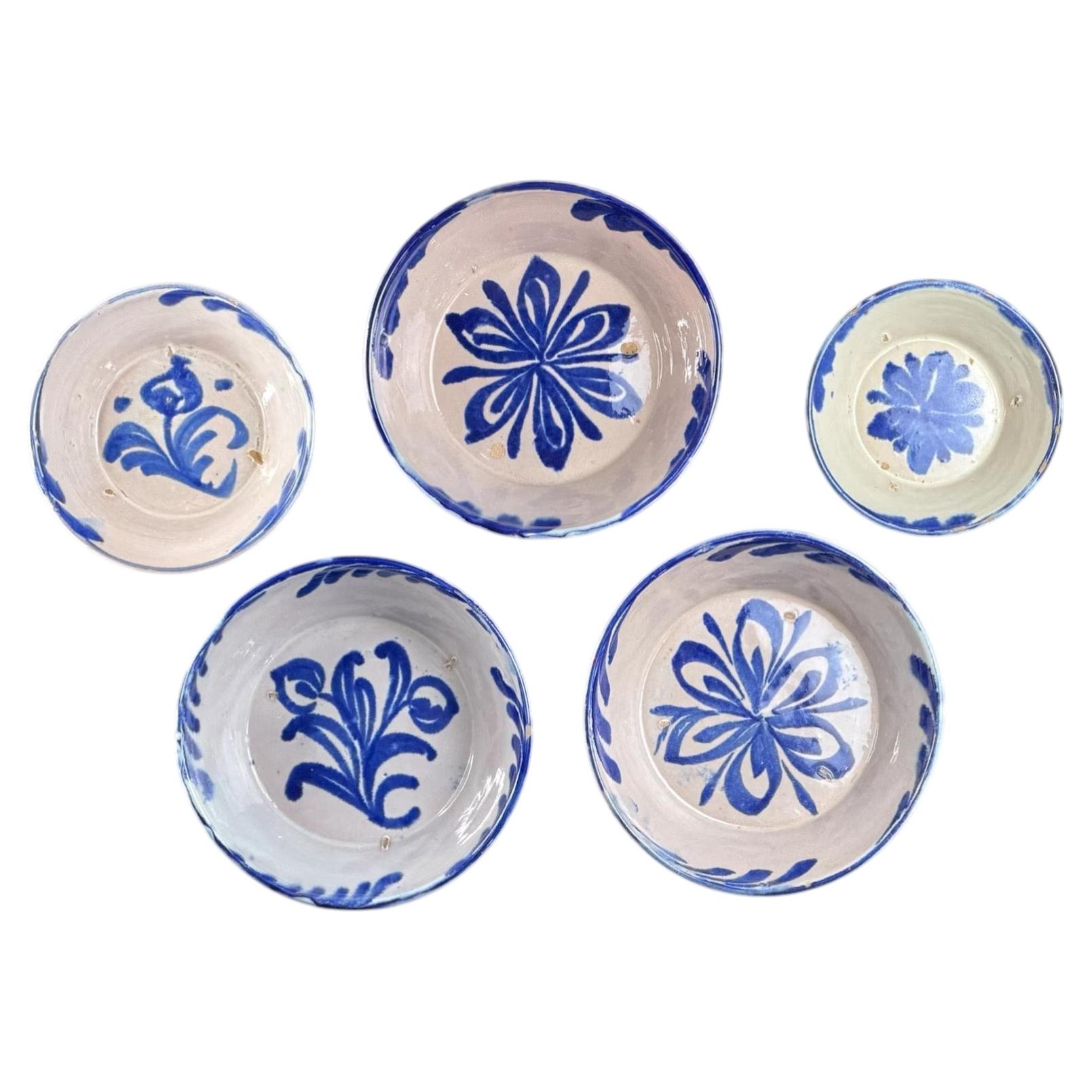19th Century, Set of 5 Fajalauza Granada Blue & White Lebrillos