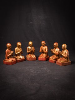 19th century set of 6 antique wooden Burmese Monk statues in Namaskara Mudra