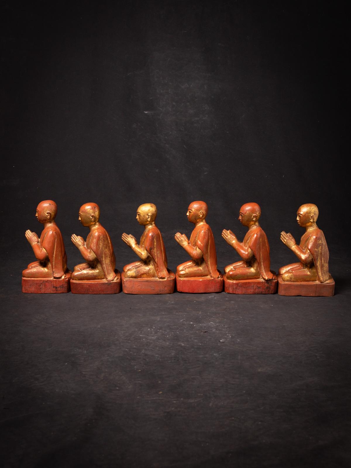 19th Century 19th century set of 6 antique wooden Burmese Monk statues in Namaskara Mudra For Sale