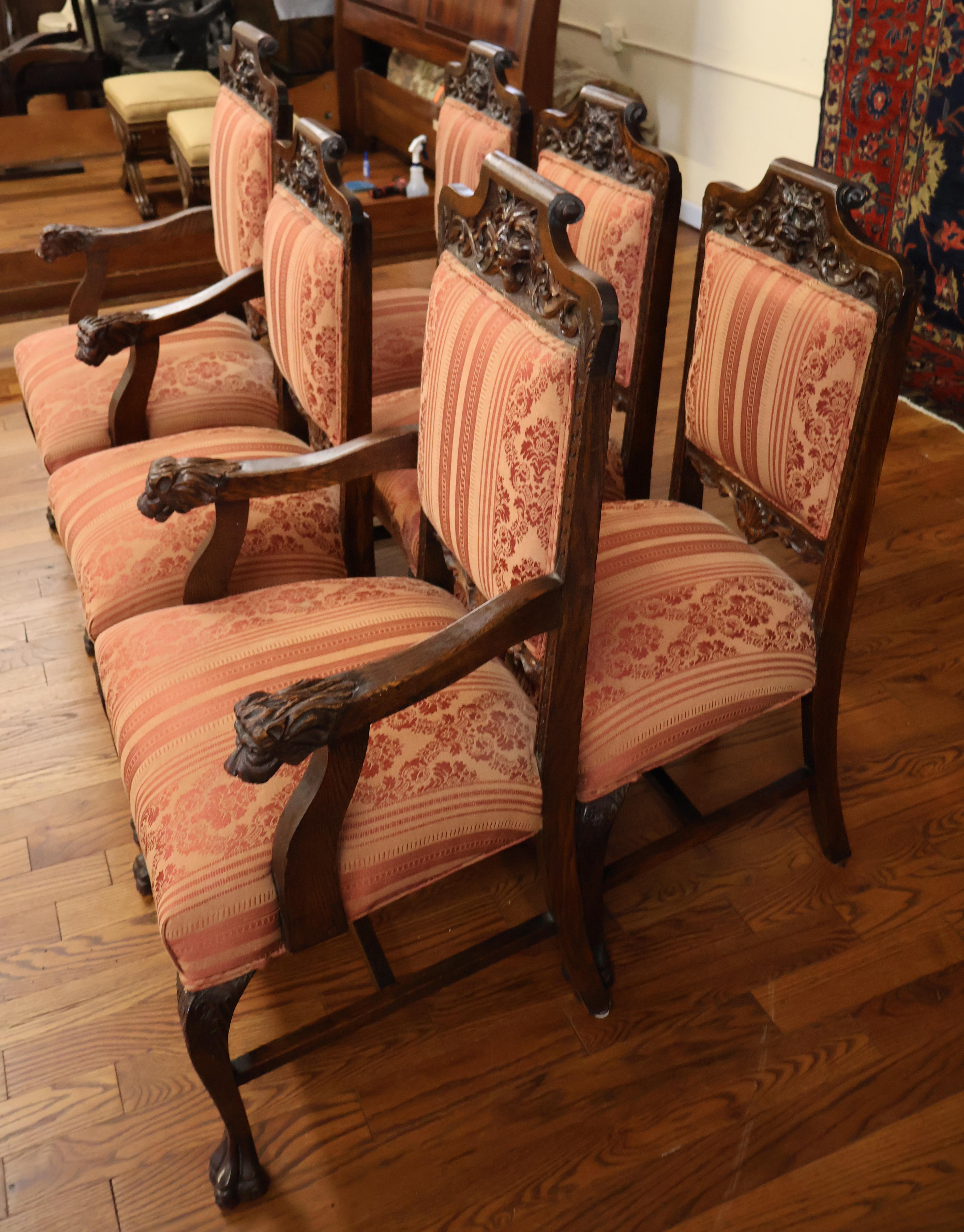 Fine XIX secolo Set di 6 sedie da pranzo intagliate in stile rinascimentale in Oak Tiger del 19° secolo in vendita