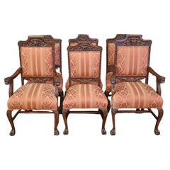 19th Century Set of 6 Tiger Oak Renaissance Revival Carved Dining Chairs