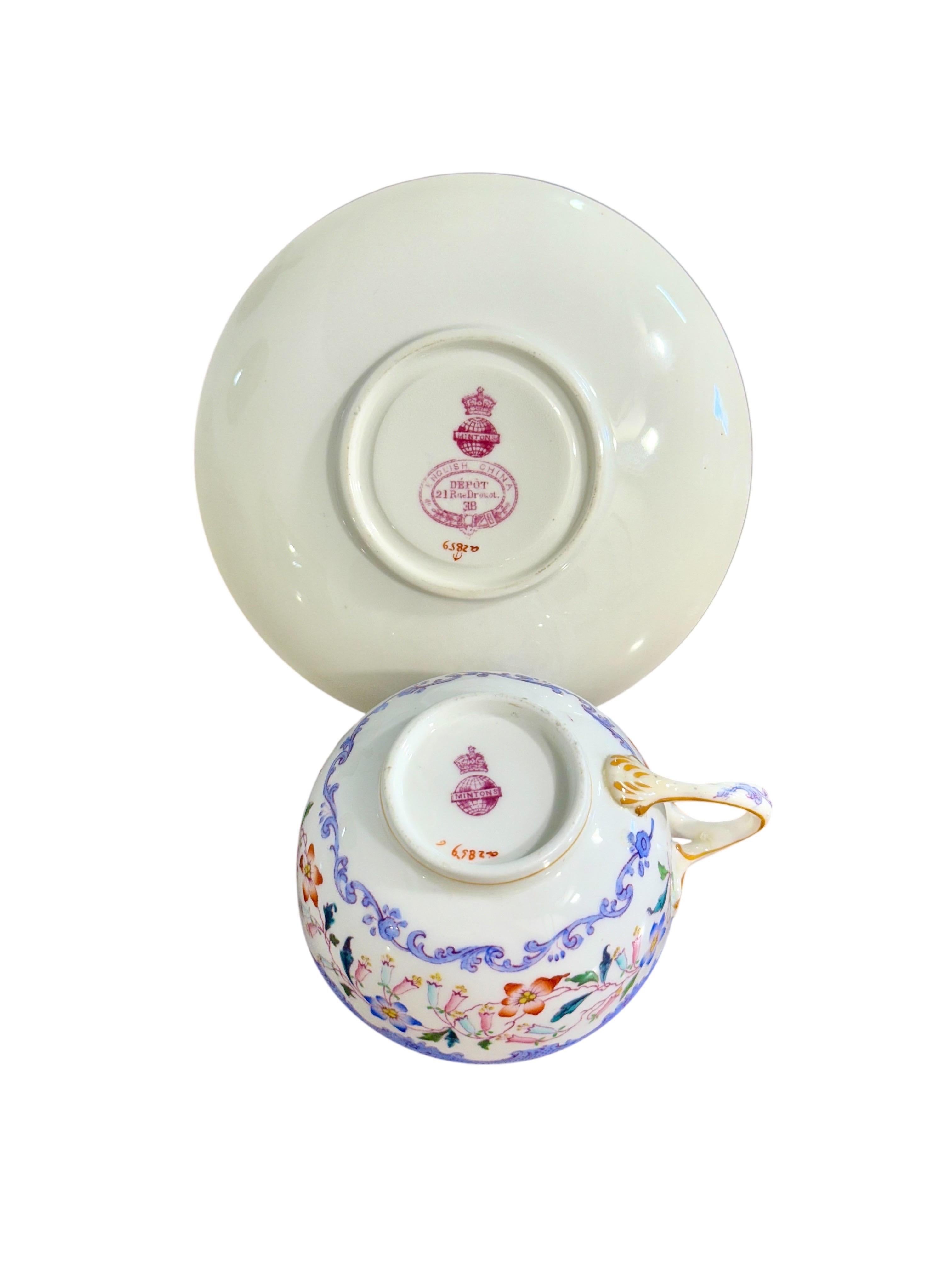 19. Jahrhundert Satz von 7 englischen Porzellan Teetassen und Untertassen, 6 signiert Minton im Angebot 7