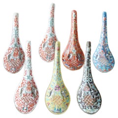 Antique 19th Century Set of 7 Spoons Porcelain Canton Imperial Stamp