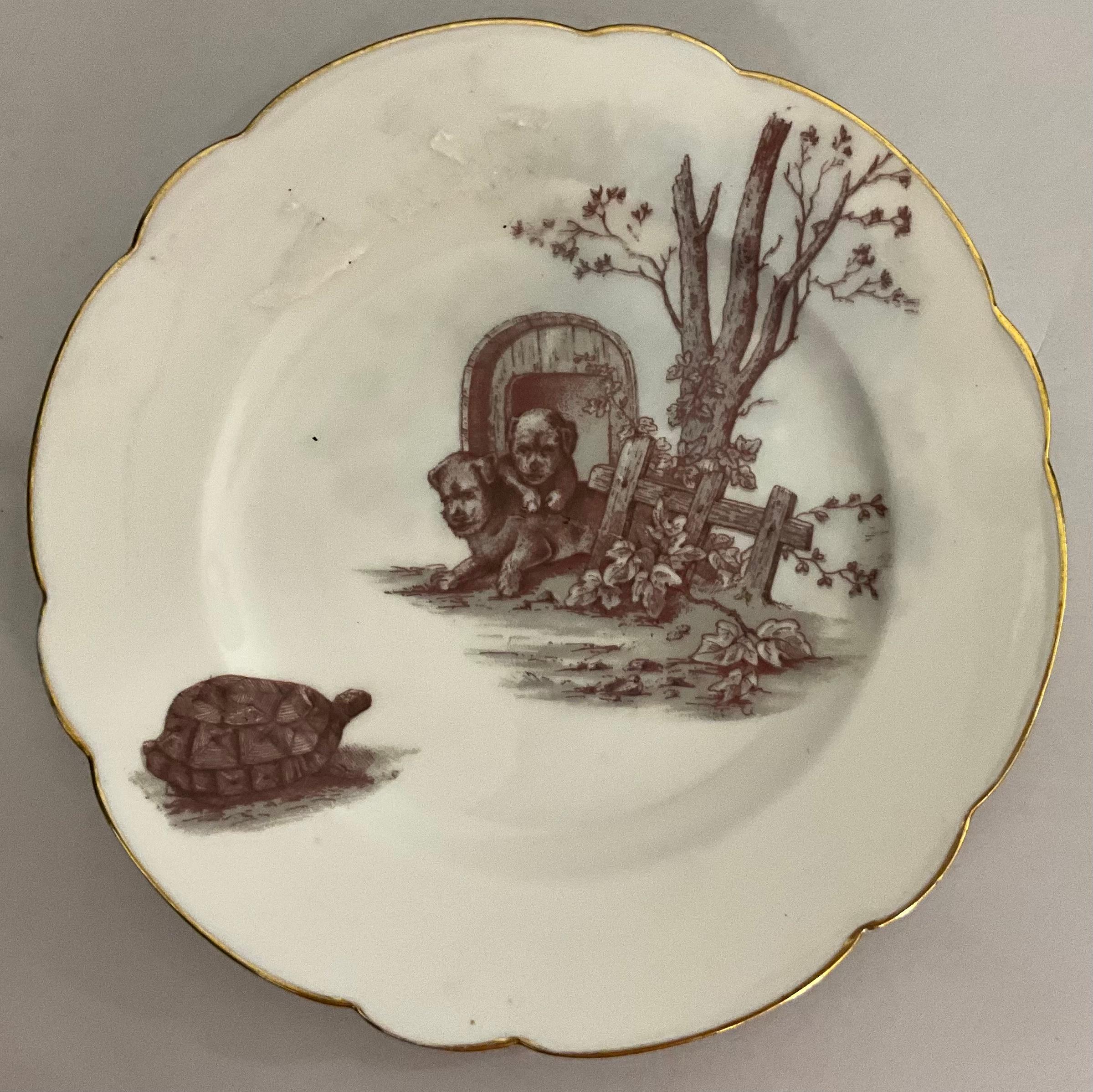 Aesthetic Movement 19th-Century Set of 8 French Limoges Dessert Plates, Rabbits, Birds, Puppies For Sale