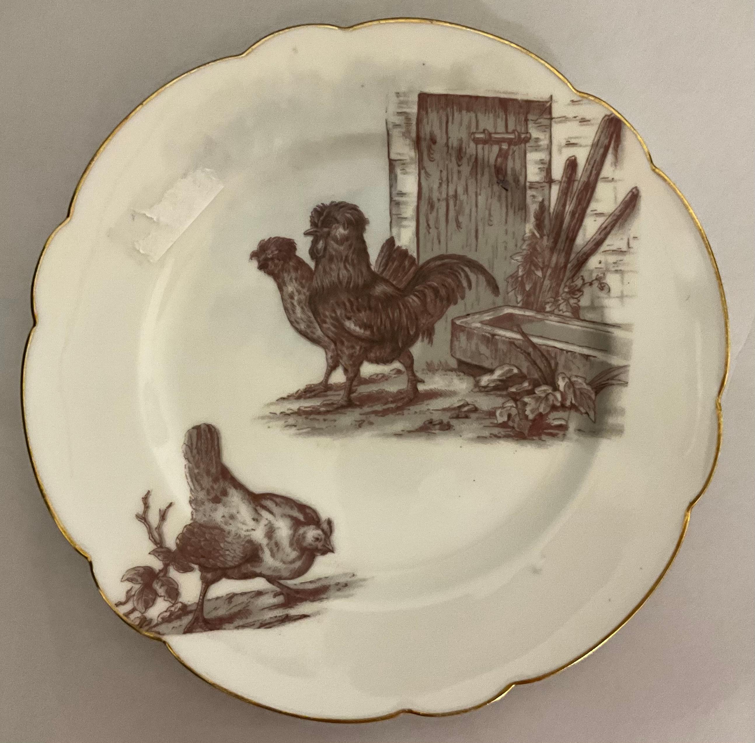 XIXe siècle Ensemble de 8 assiettes à dessert françaises de Limoges du 19ème siècle, lapins, oiseaux et pins en vente
