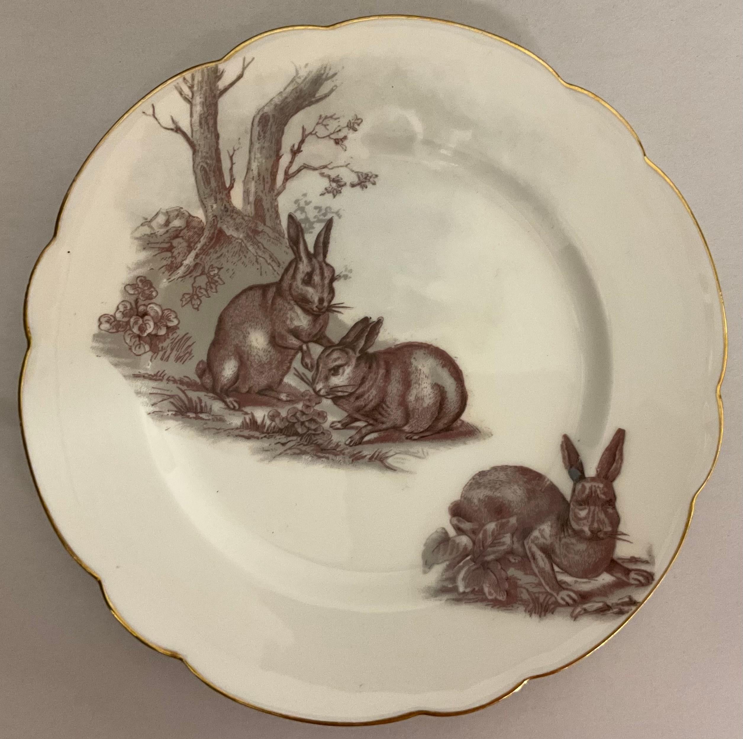 Set von 8 französischen Limoges-Desserttellern aus dem 19. Jahrhundert, Kaninchen, Vögel, Puppiche im Angebot 2