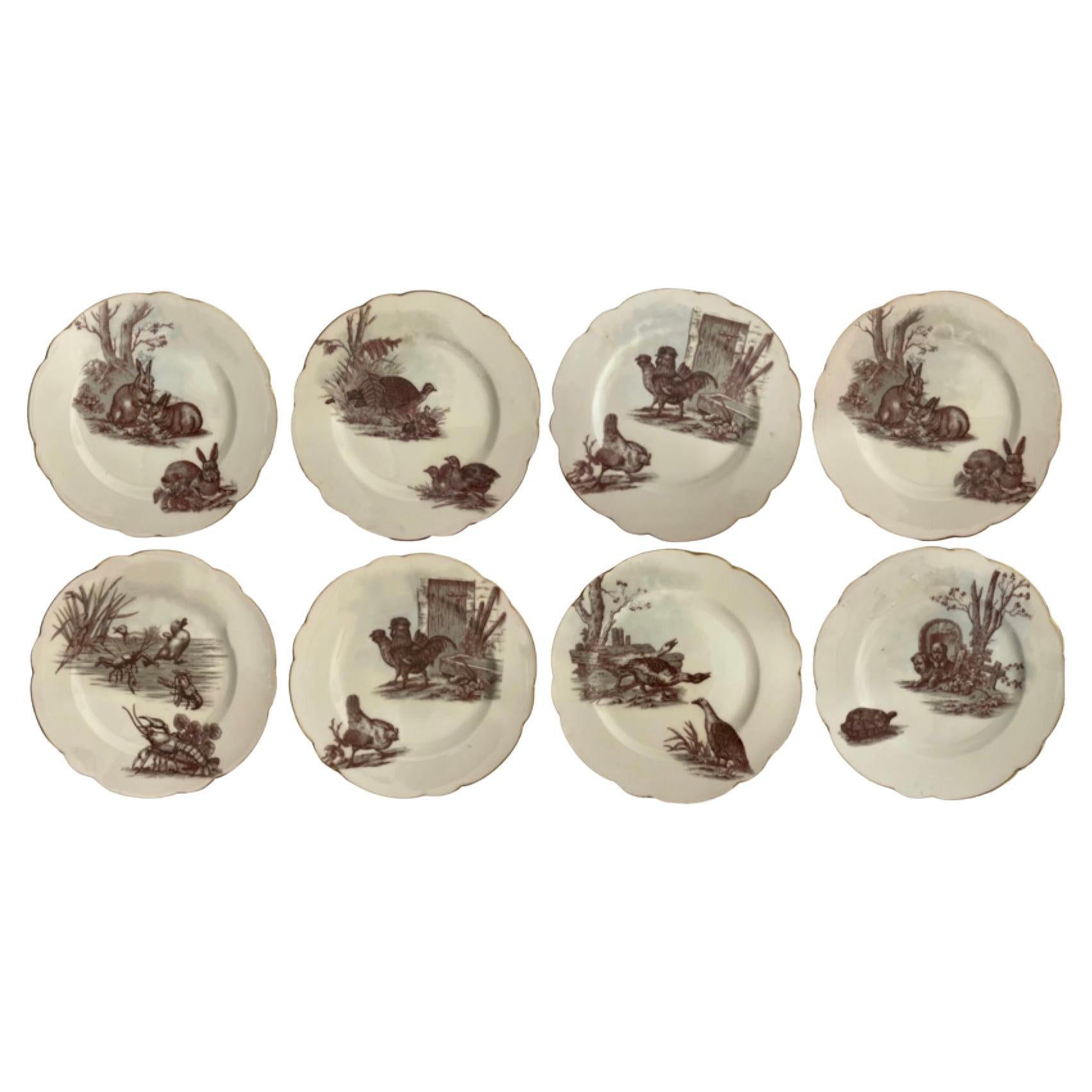 19th-Century Set of 8 French Limoges Dessert Plates, Rabbits, Birds, Puppies For Sale