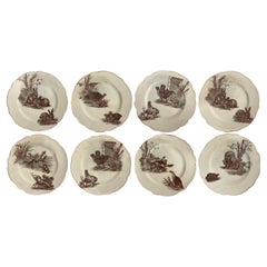 19th-Century Set of 8 French Limoges Dessert Plates, Rabbits, Birds, Puppies