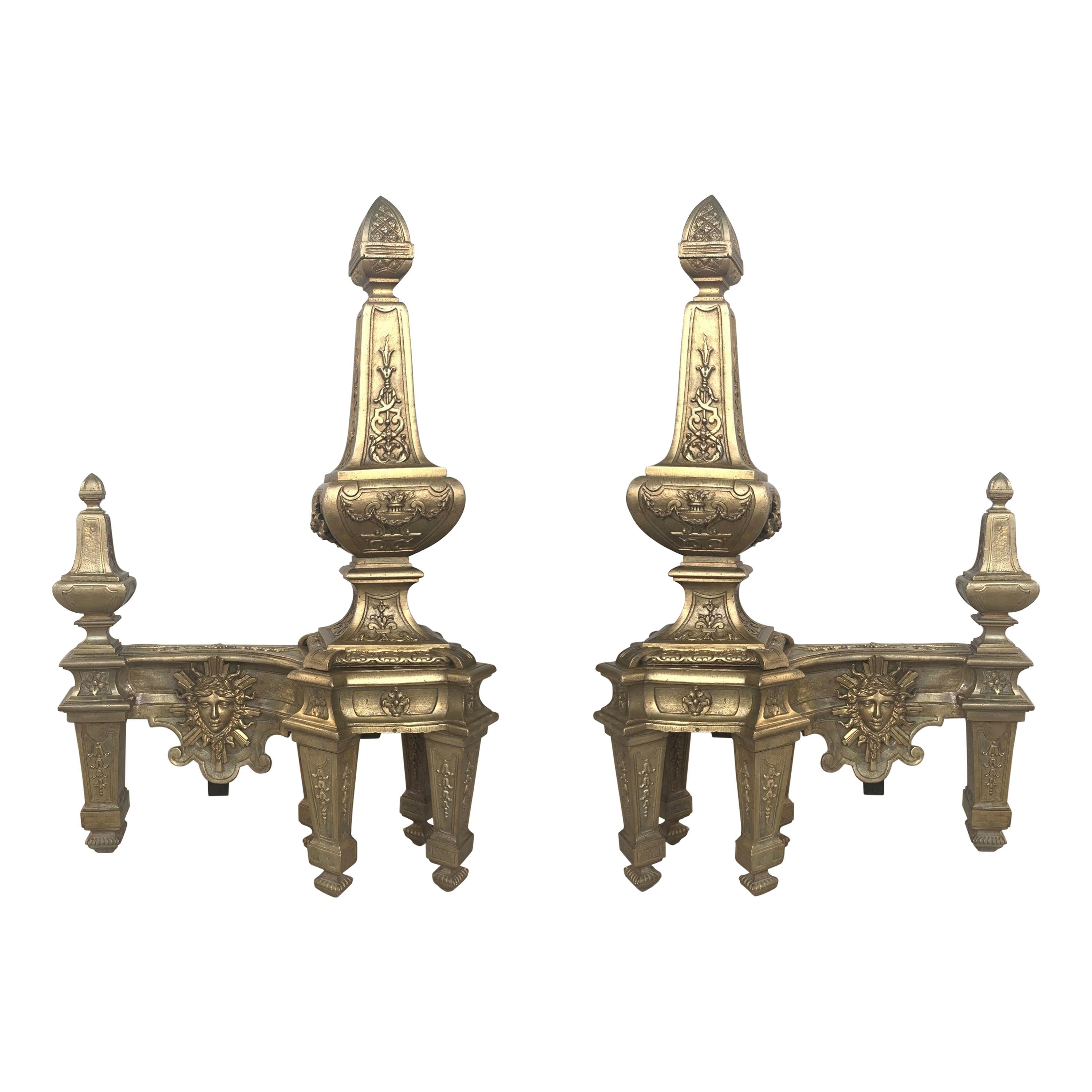 19th Century Set of Antique Andirons or Firedogs in Bronze and Iron