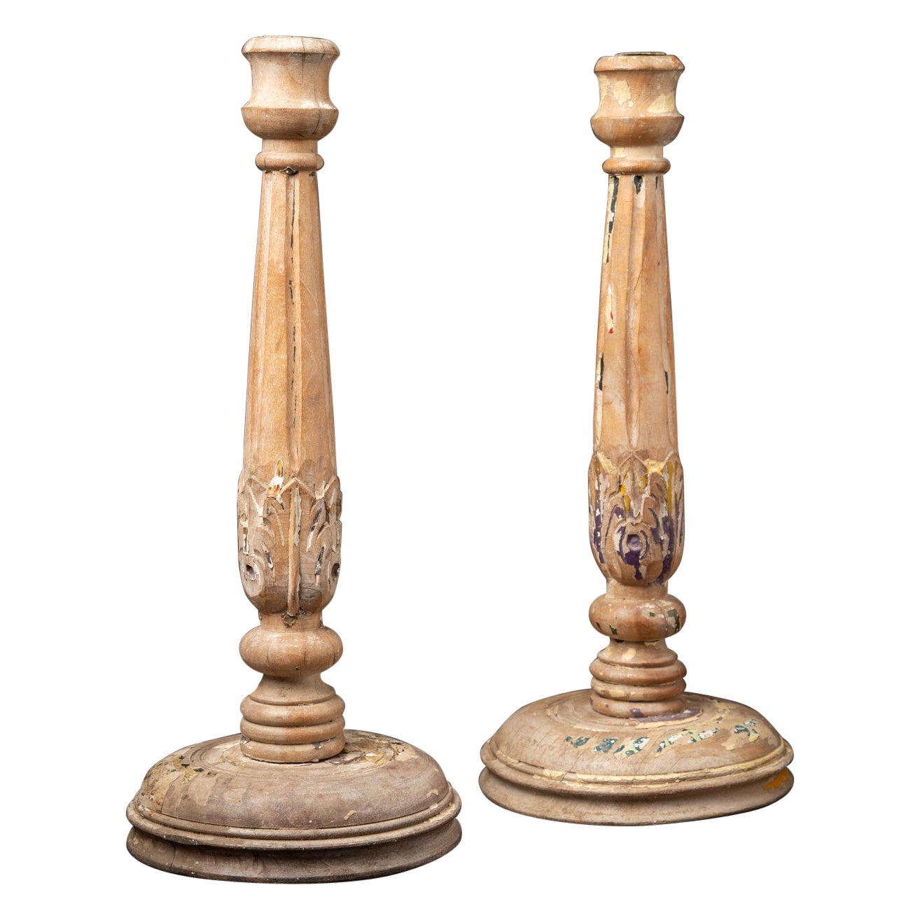 19th century Set of antique wooden Indian candle holders from India