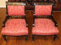 19th Century Set of Ebonized Neo Grec Brass Inlaid Parlor Chairs Attr to Herter
