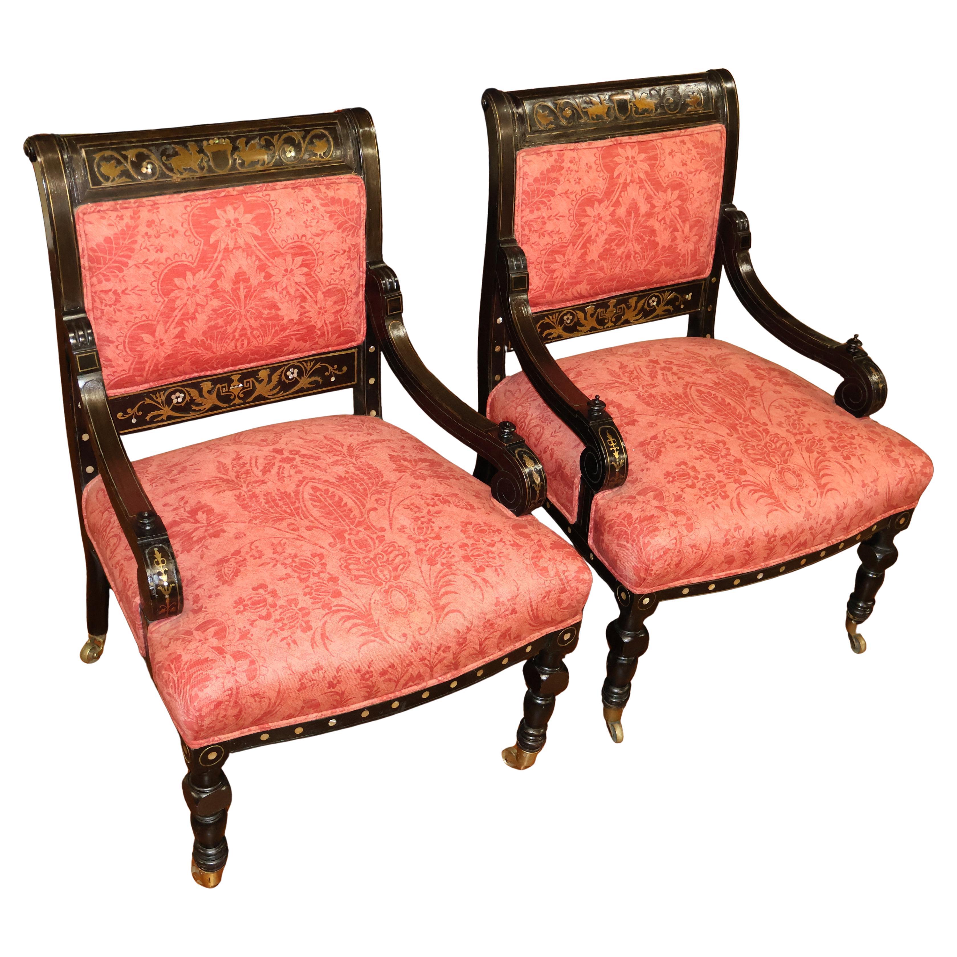 Set di sedie da salotto in ottone neo-greco intarsiato del 19° secolo, da Herter in vendita
