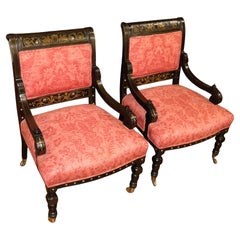 Antique 19th Century Set of Ebonized Neo Grec Brass Inlaid Parlor Chairs Attr to Herter