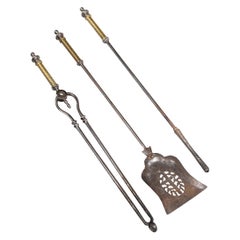 19th Century Set of English Brass and Iron Fire Tools or Fireplace Tools