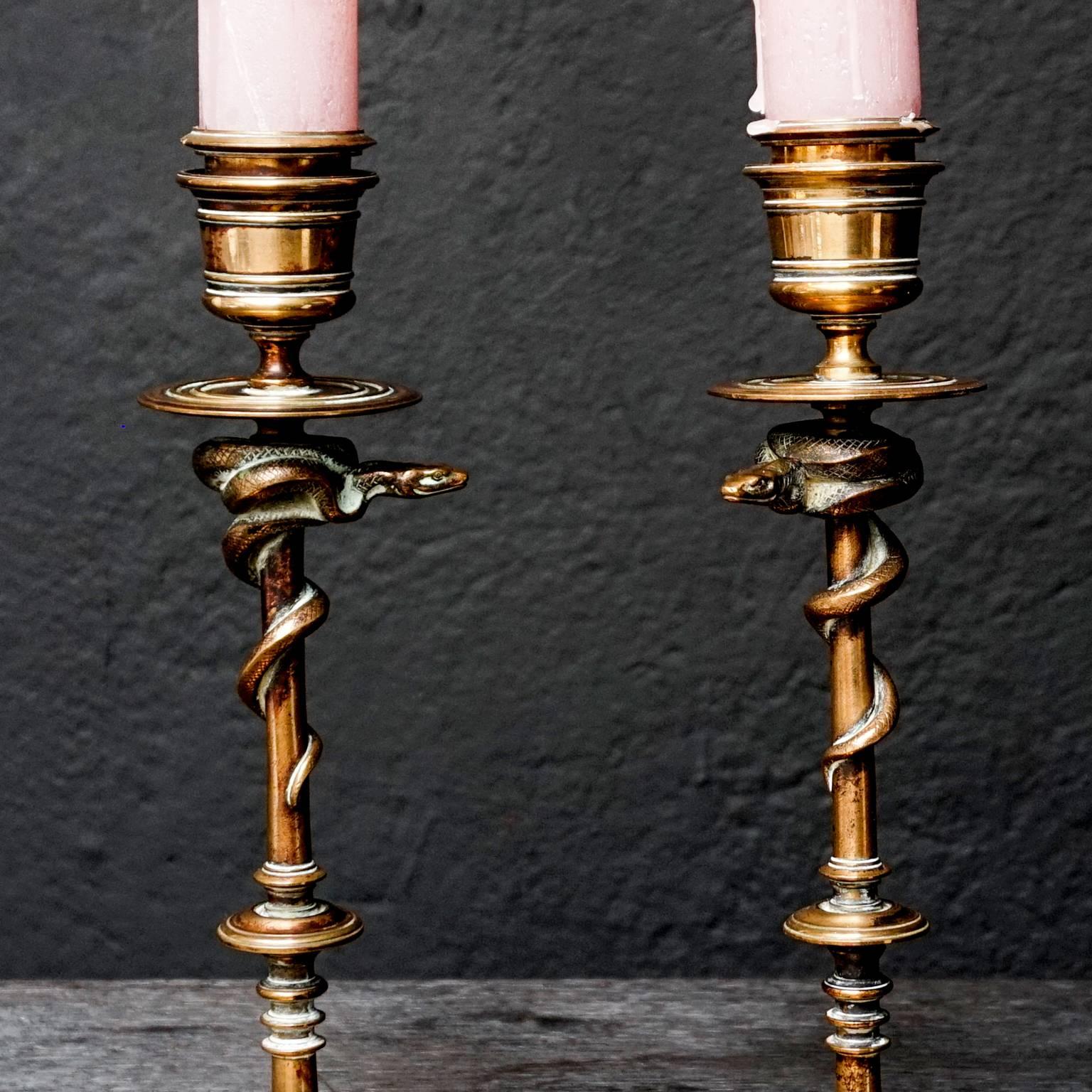 19th Century Set of French Ferdinand Barbedienne Bronze Snake Candlesticks 1
