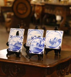 19th Century Set of Five French Blue and White Painted Delft Tiles