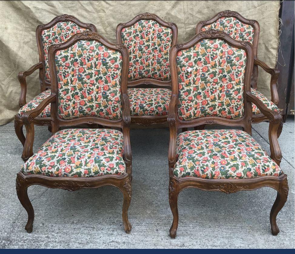 19th century set of five French wooden armchairs with original upholstered, 1980s.
