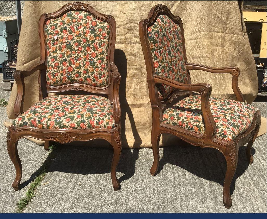 Victorian 19th Century Set of Five French Wooden Armchairs with Original Upholstered For Sale