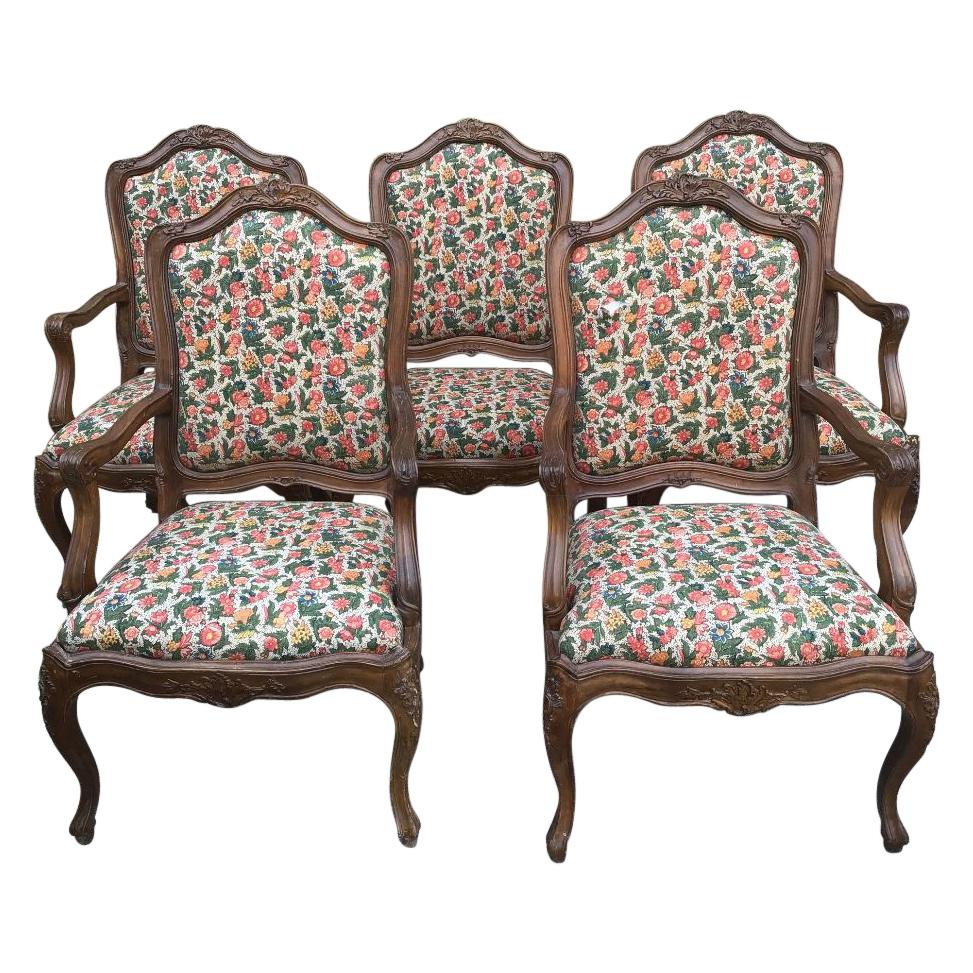 19th Century Set of Five French Wooden Armchairs with Original Upholstered For Sale
