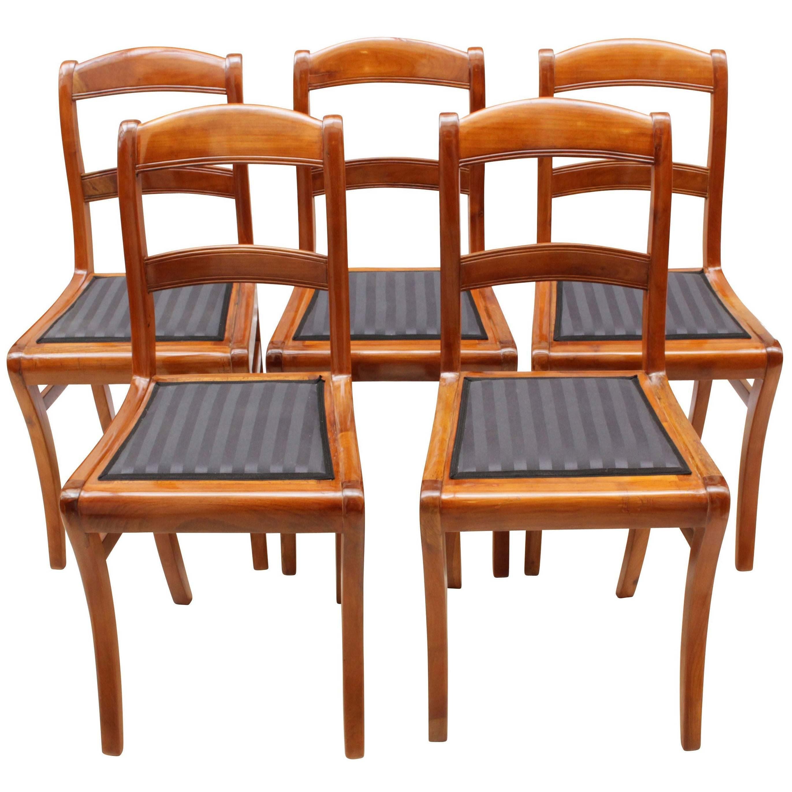 19th Century, Set of Five Solid Cherry Biedermeier Chairs