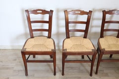 19th Century Set of Four Antique Chairs in Cherry Wood with Straw Seat