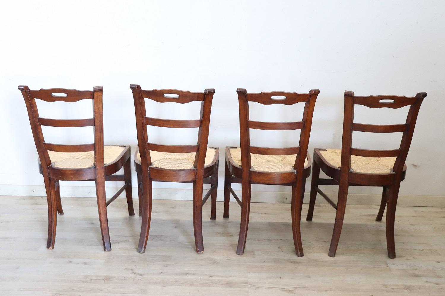 Late 19th Century 19th Century Set of Four Antique Chairs in Cherry Wood with Straw Seat For Sale