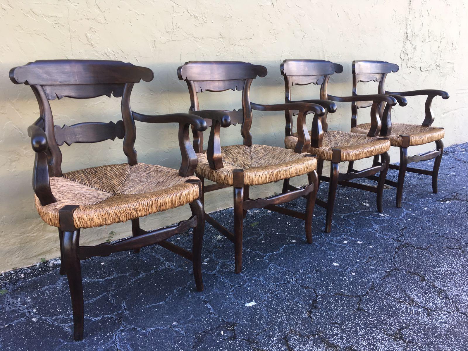 Spanish 19th Century Set of Four Armchairs with Straw Seat