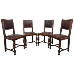 19th Century Set of Four English Oakwood Dining Chairs with Leather