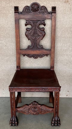 19th Century Set of Four French Carved Walnut Turned Wood Chairs with Claw Feet