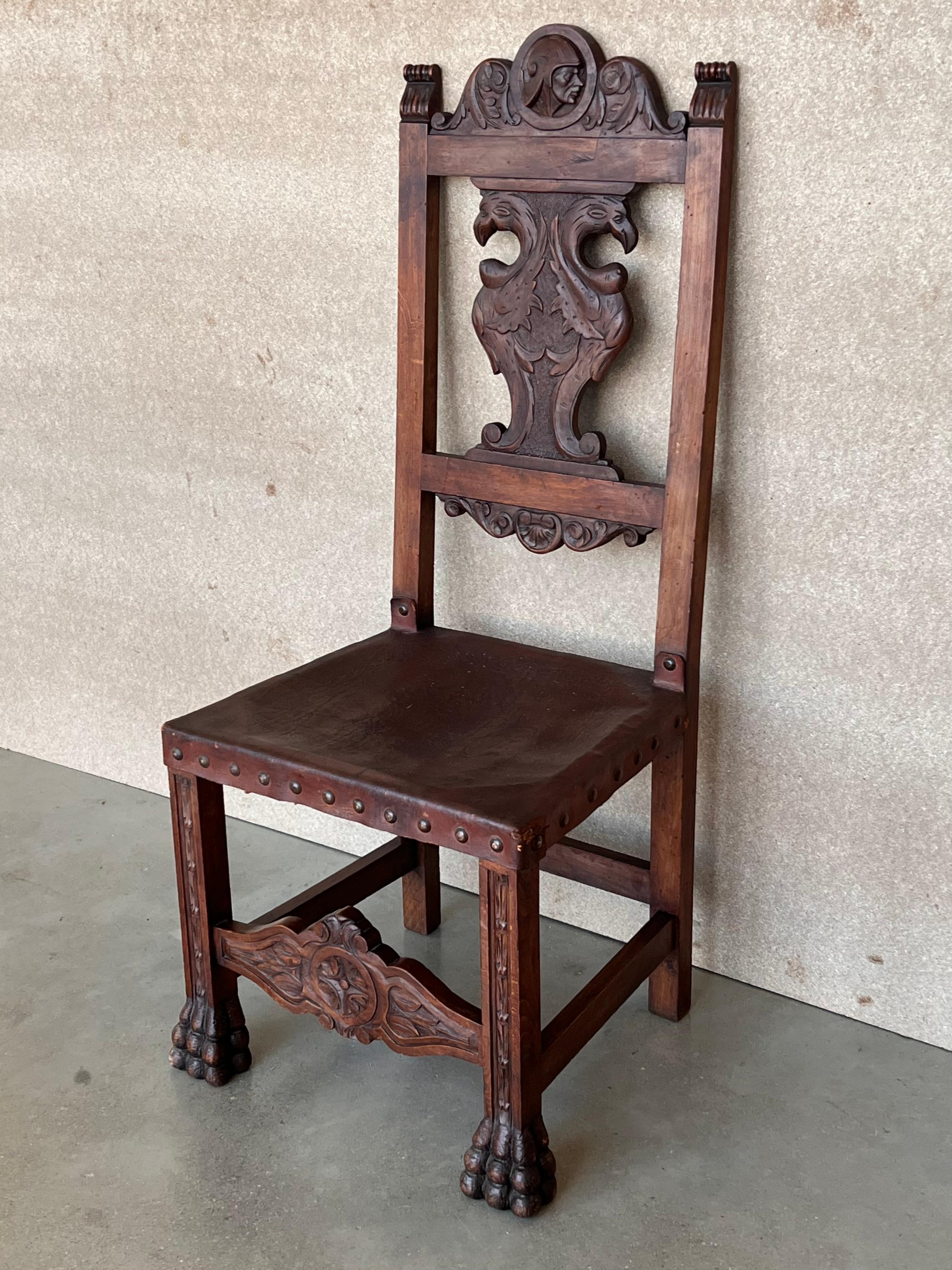 Renaissance 19th Century Set of Four French Carved Walnut Turned Wood Chairs with Claw Feet For Sale