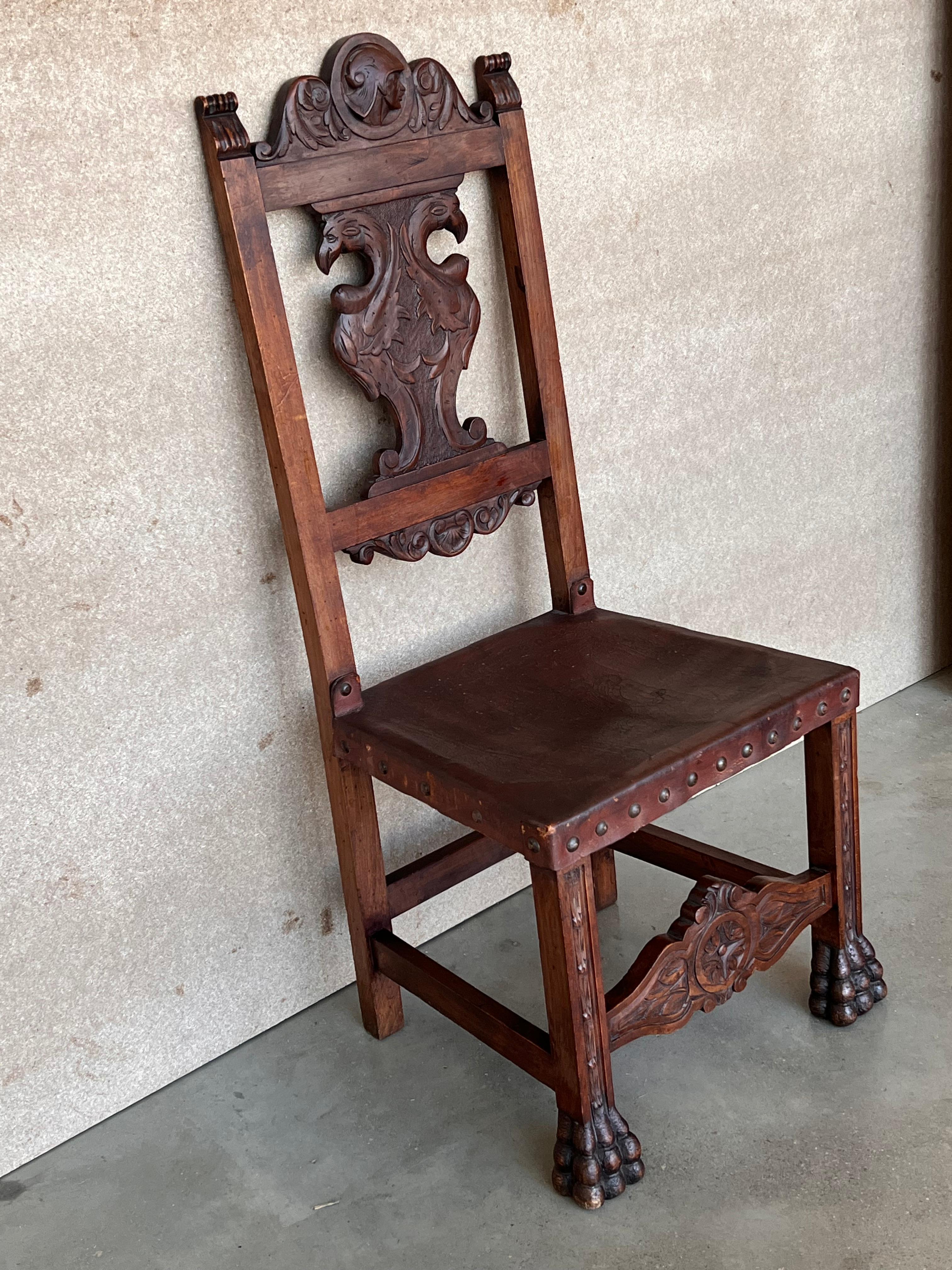 Oak 19th Century Set of Four French Carved Walnut Turned Wood Chairs with Claw Feet For Sale