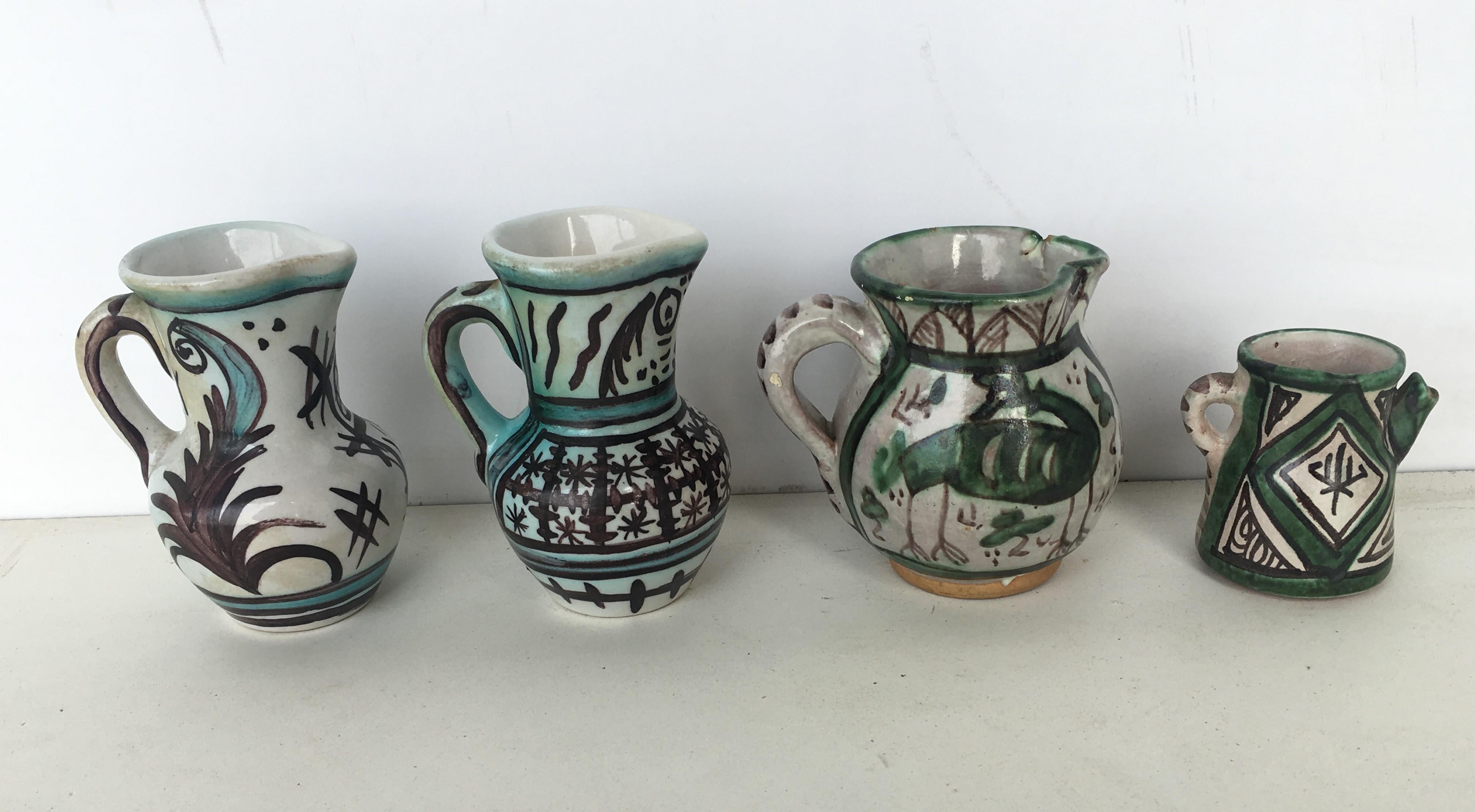 Country 19th Century Set of Four Glazed Terracotta Vases, Urns Pitchers in Green & White