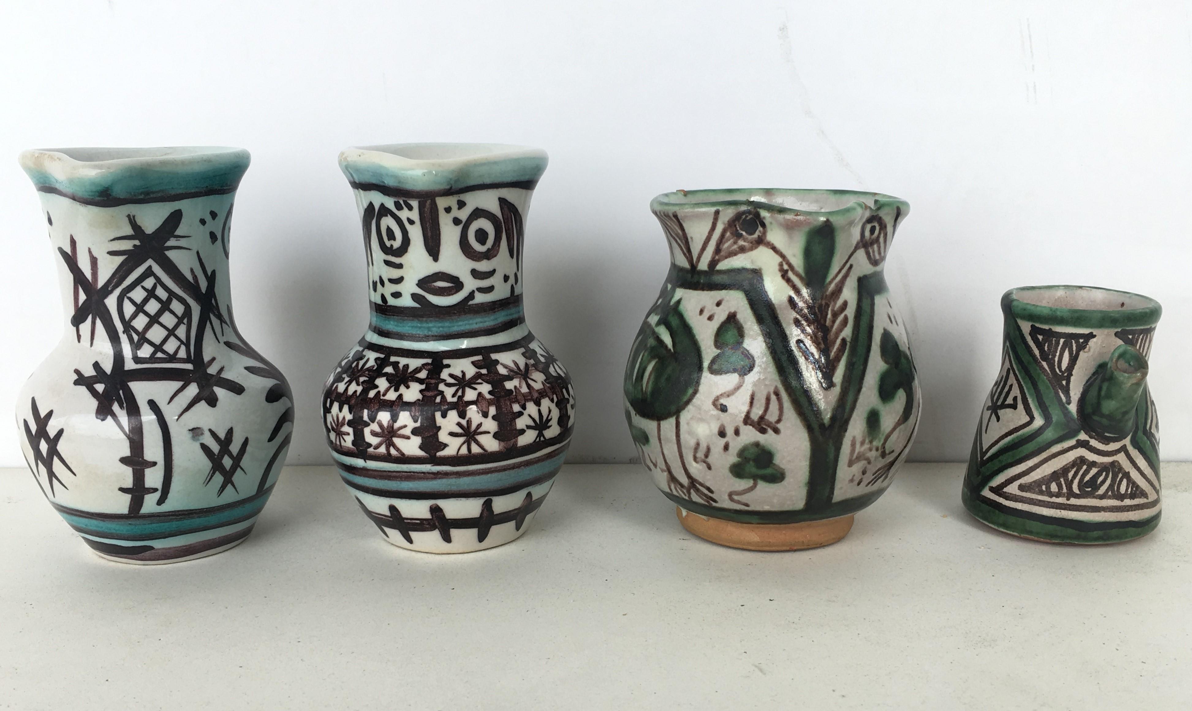 19th Century Set of Four Glazed Terracotta Vases, Urns Pitchers in Green & White In Good Condition In Miami, FL