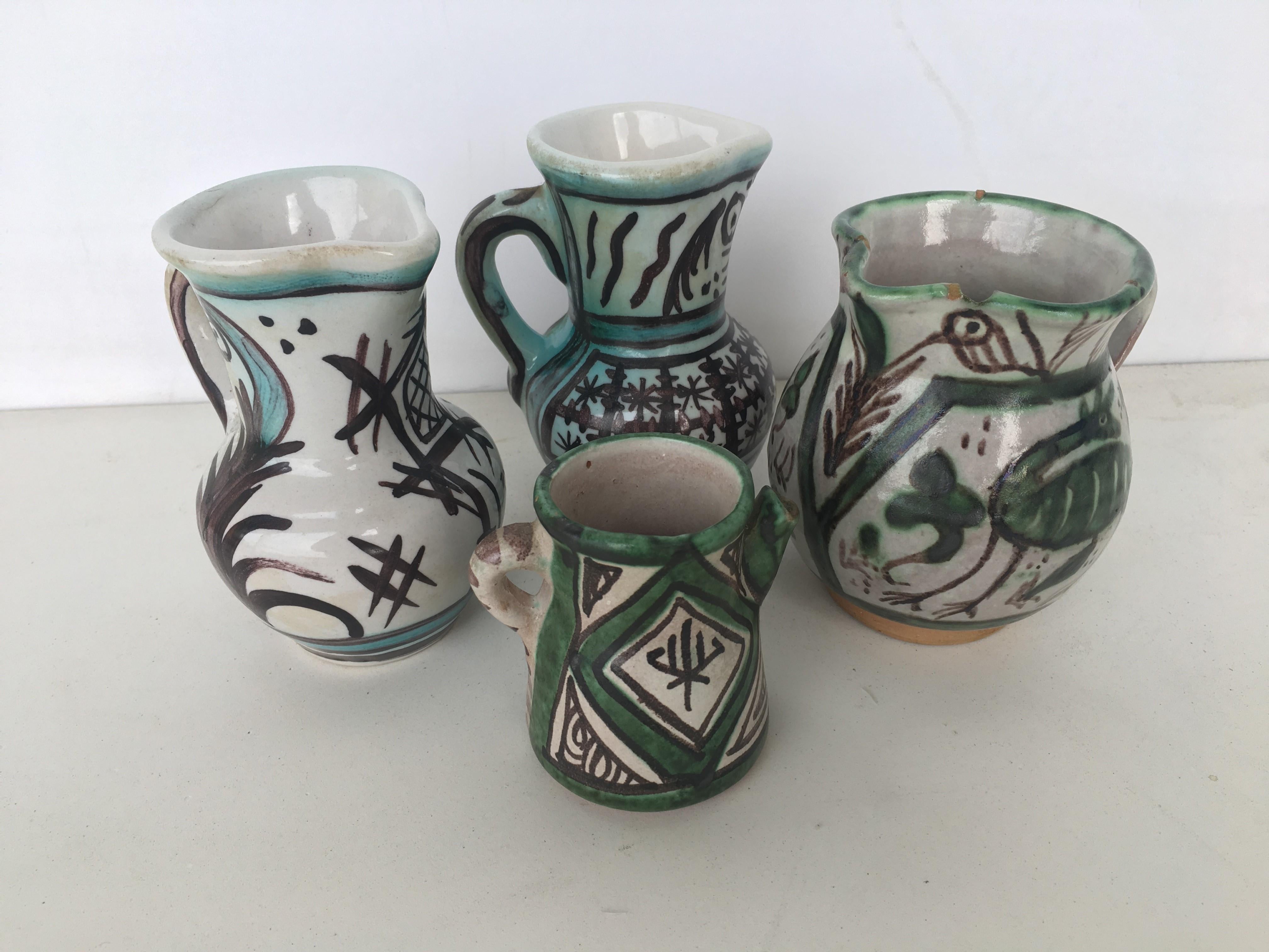 19th Century Set of Four Glazed Terracotta Vases, Urns Pitchers in Green & White 2