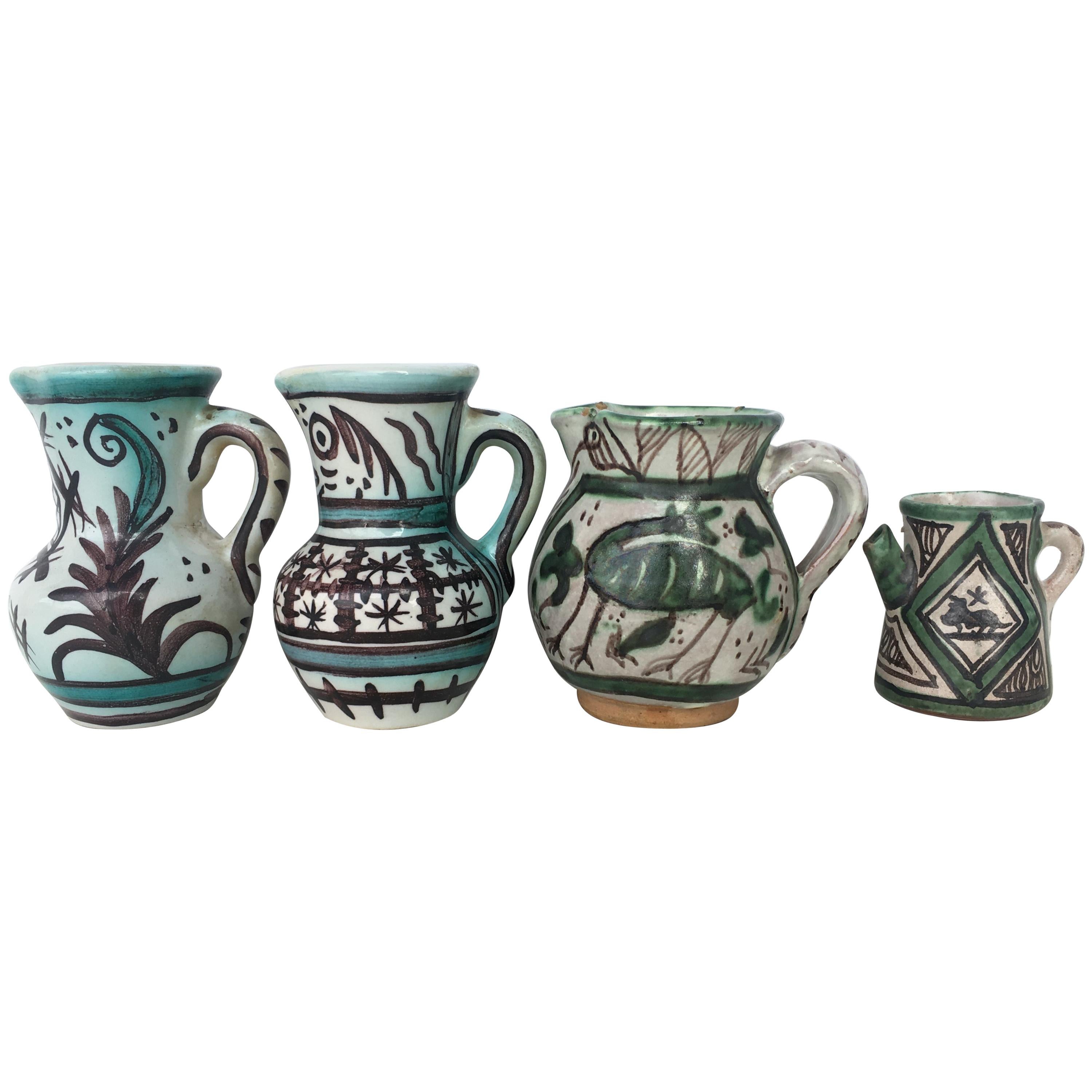 19th Century Set of Four Glazed Terracotta Vases, Urns Pitchers in Green & White