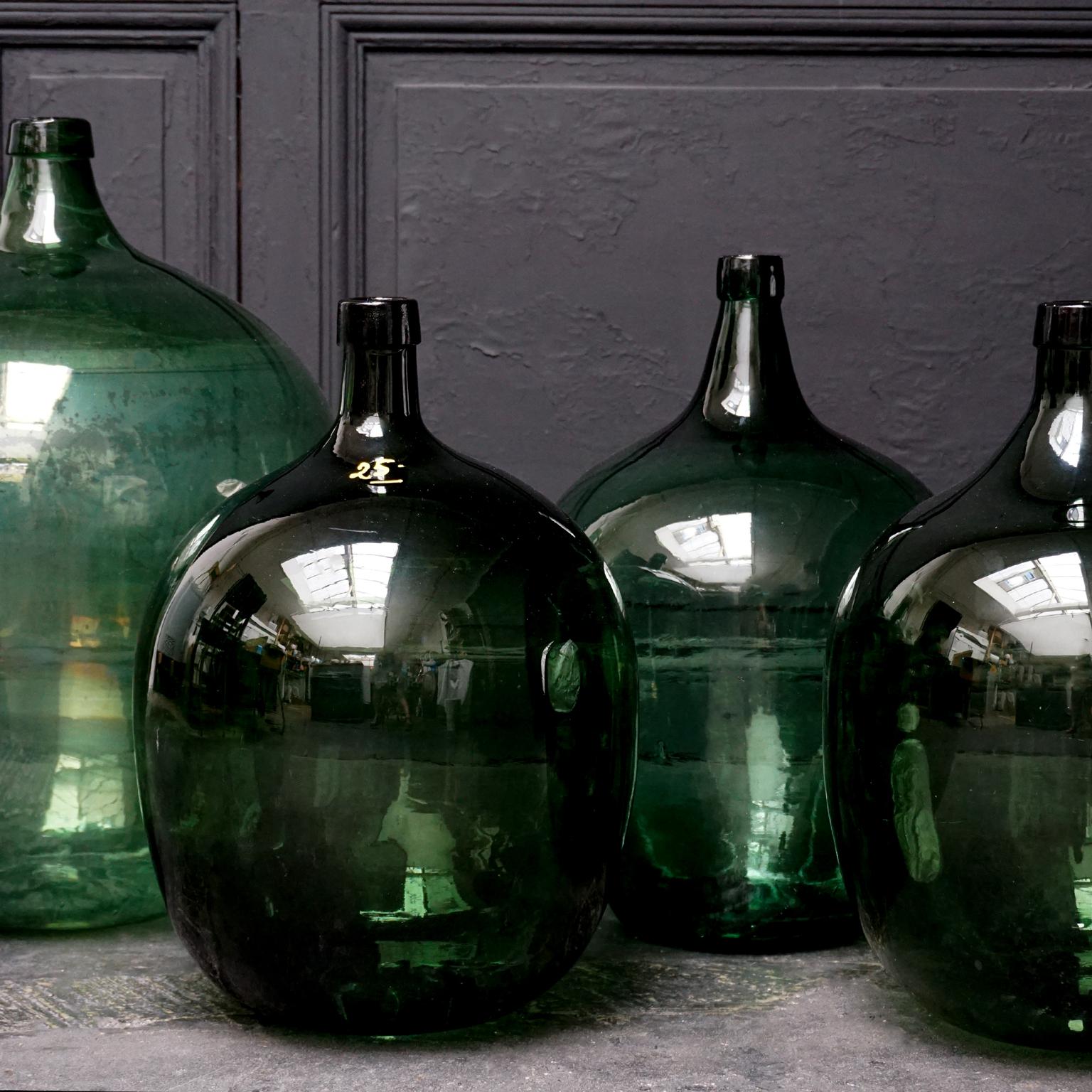Industrial 19th Century Set of Four Green Glass Bottles Demijohns, Lady Jeanne or Carboys