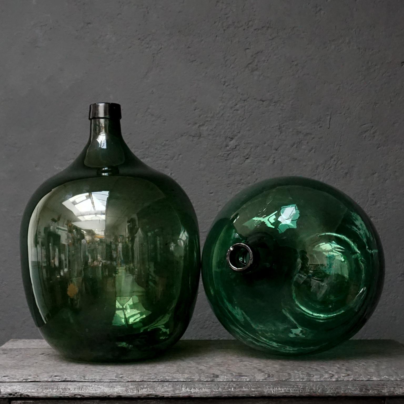 Blown Glass 19th Century Set of Four Green Glass Bottles Demijohns, Lady Jeanne or Carboys