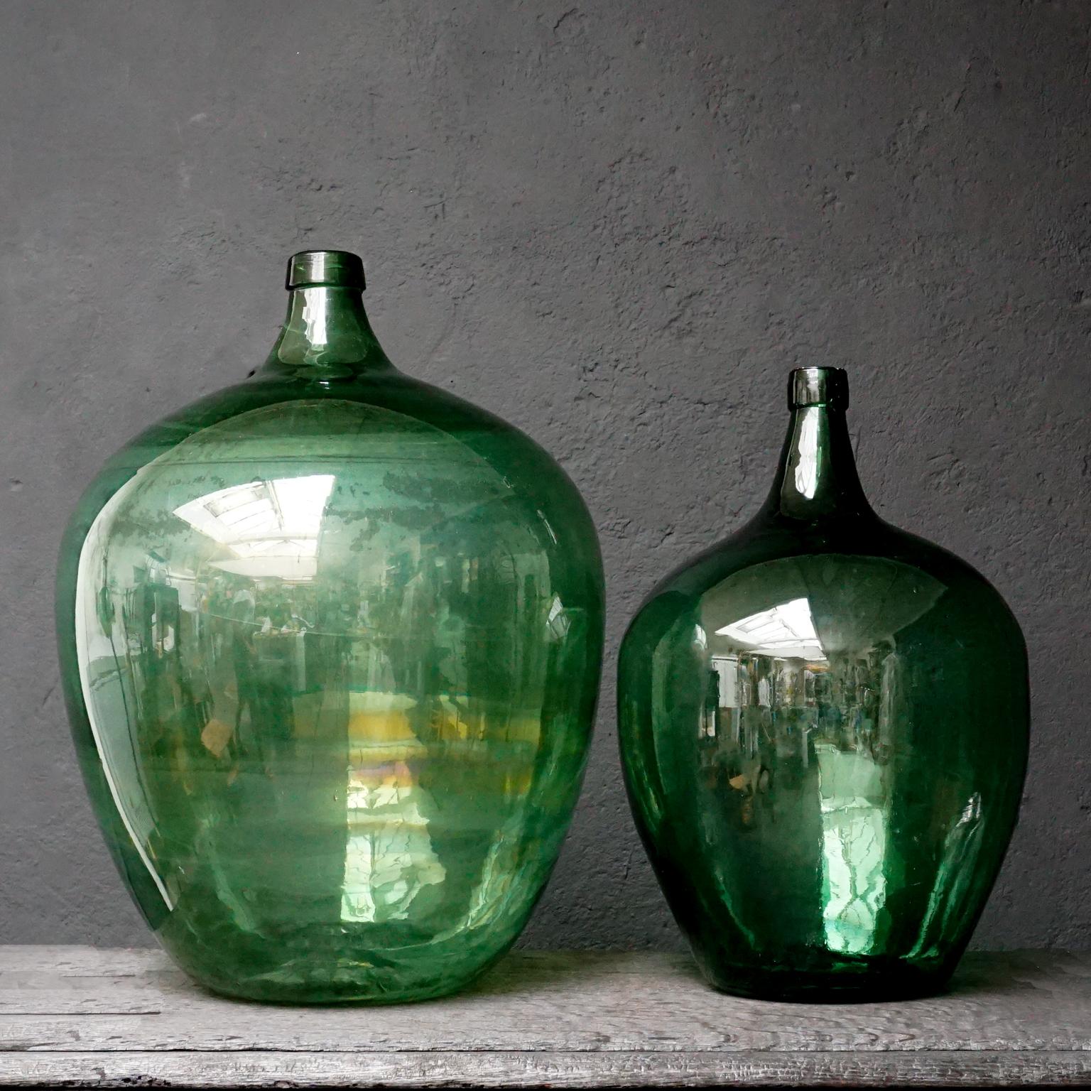 19th Century Set of Four Green Glass Bottles Demijohns, Lady Jeanne or Carboys 1