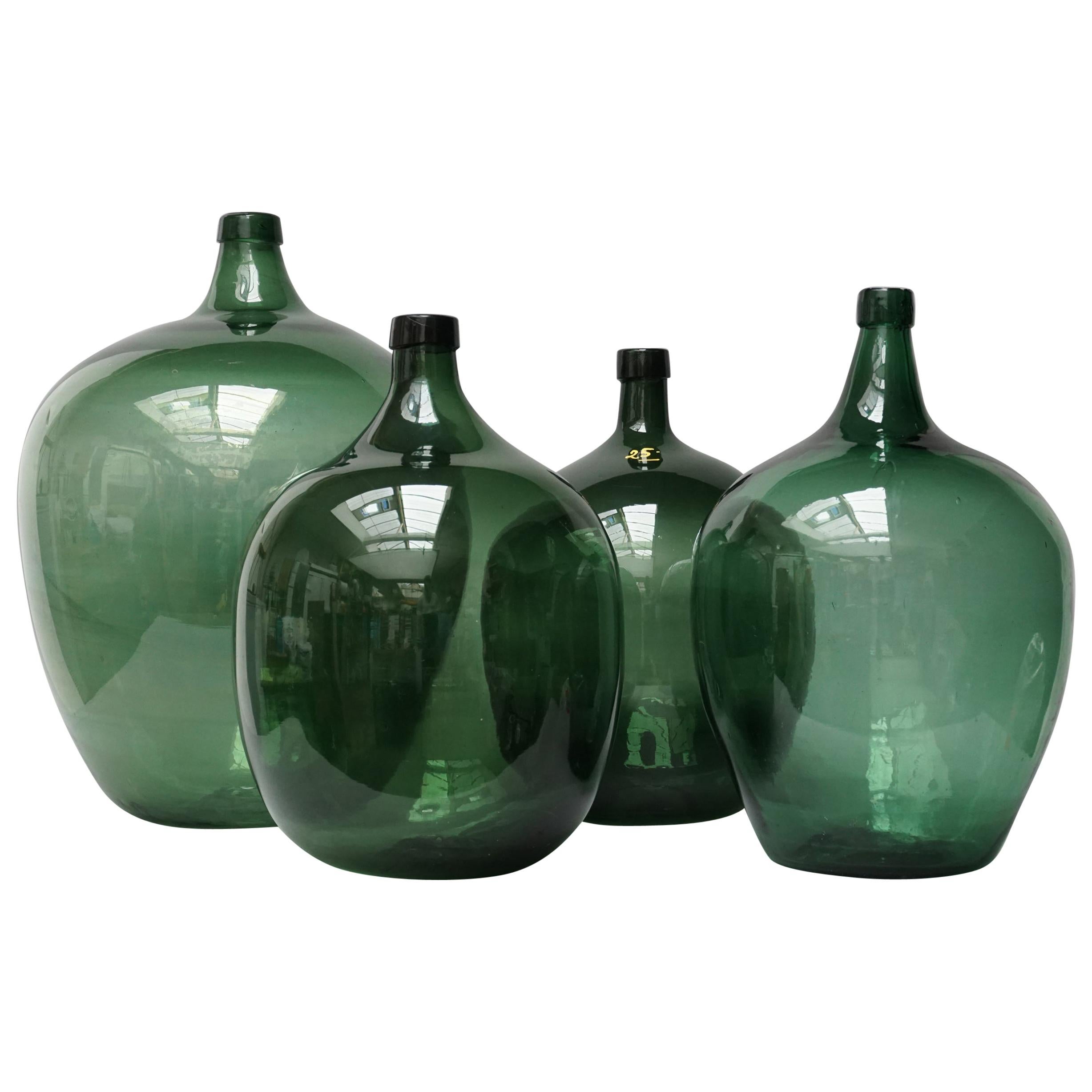 19th Century Set of Four Green Glass Bottles Demijohns, Lady Jeanne or Carboys