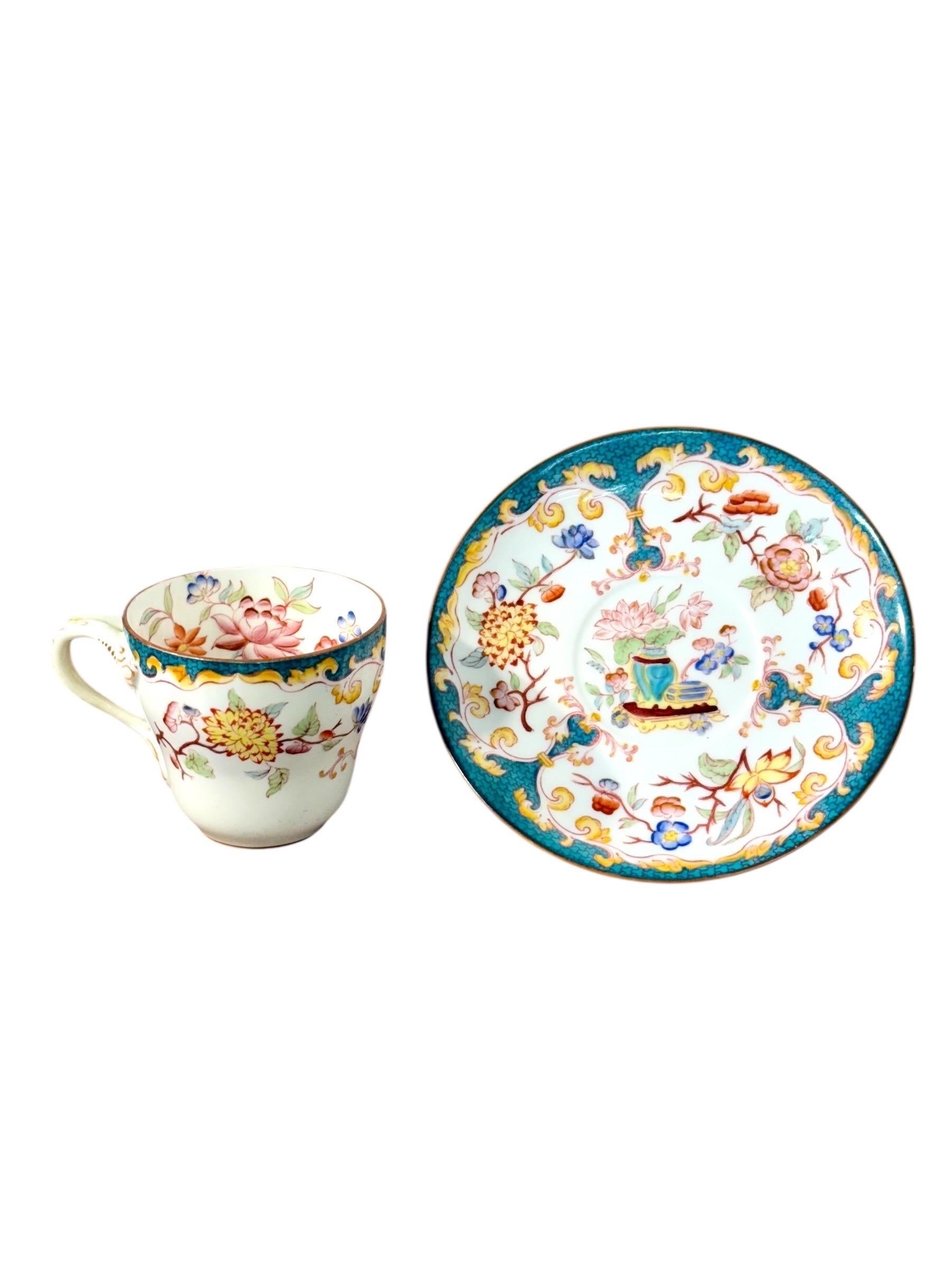 Francese Set di quattro tazze e piattini demitasse policromi Samson Paris del XIX secolo in vendita