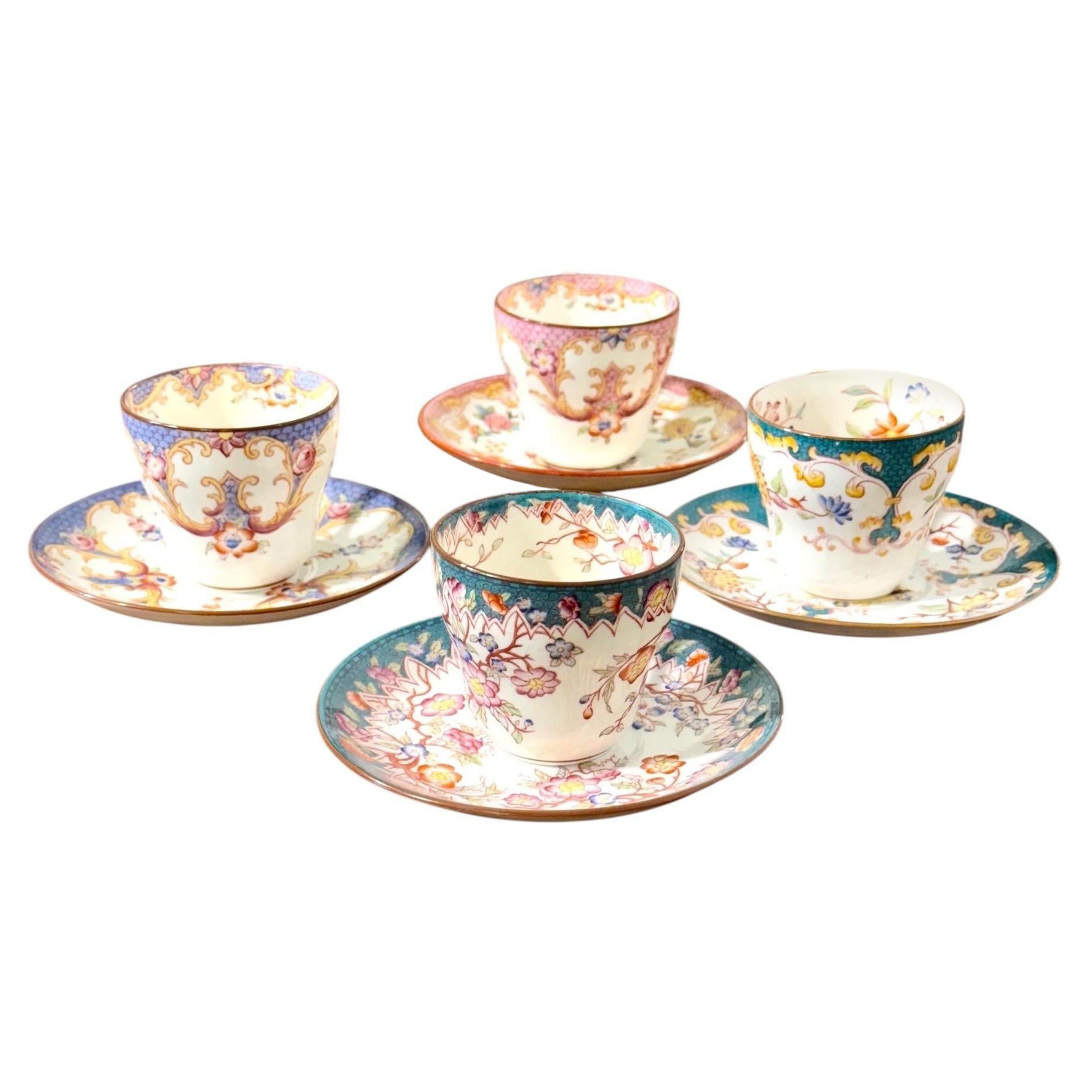 19th Century Set of Four Samson Paris Polychrome Demitasse Cups 
Saucers