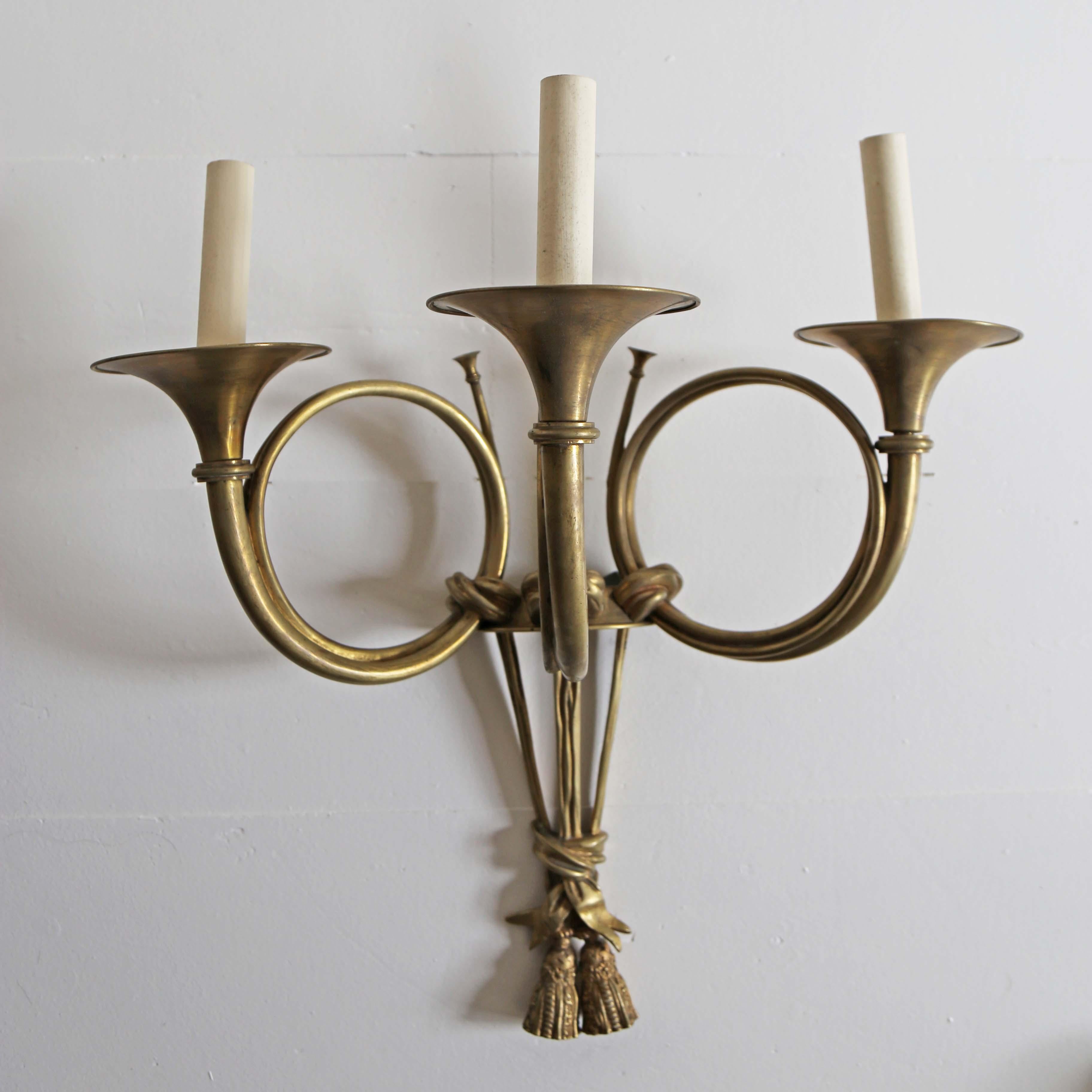 Set of four trumpets wall lights from circa 19th Century in brass.

