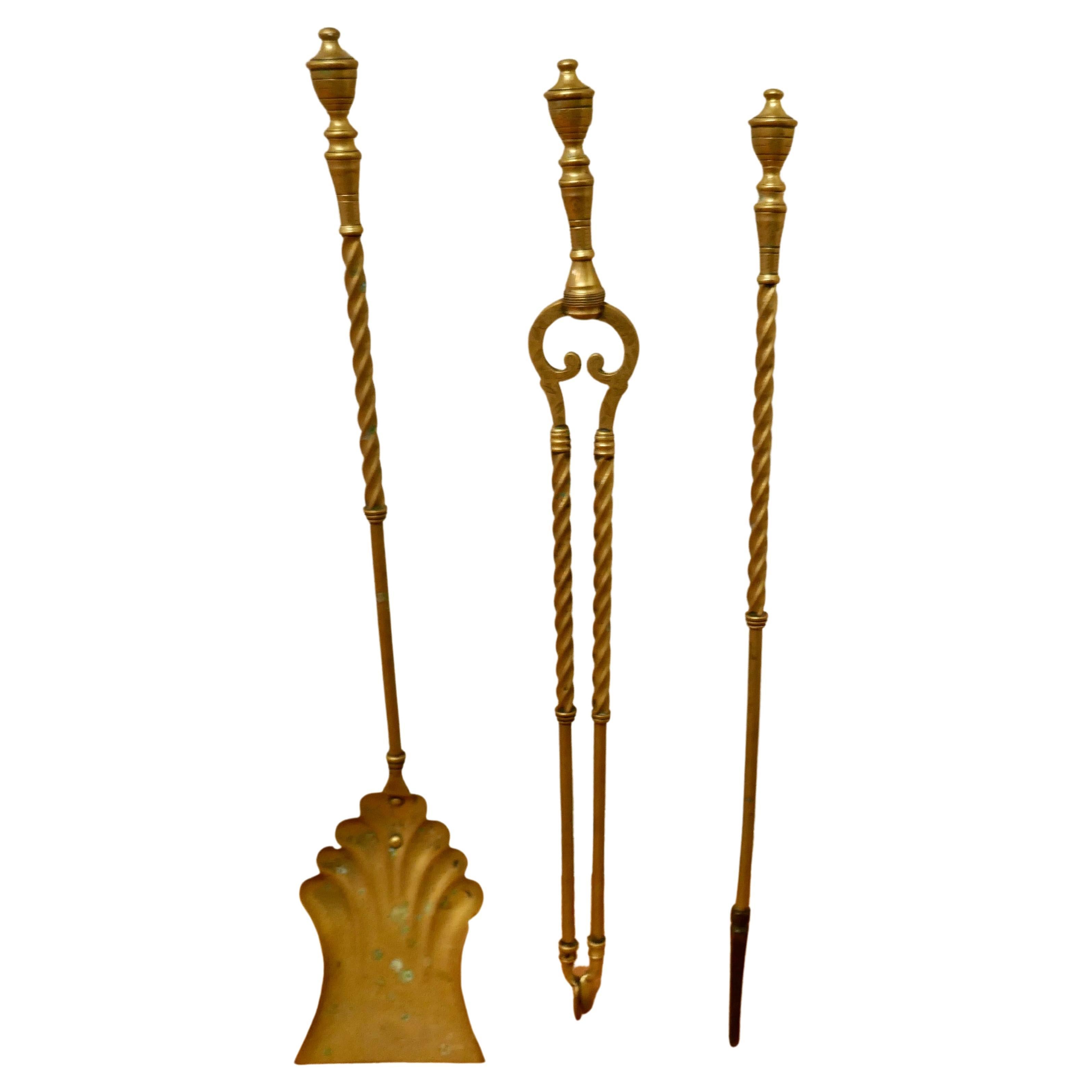 19th Century Set of  Long Barley Twist Fireside Tools For Sale