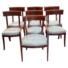 Set di sette sedie klismos del XIX secolo con sedili in pelle blu